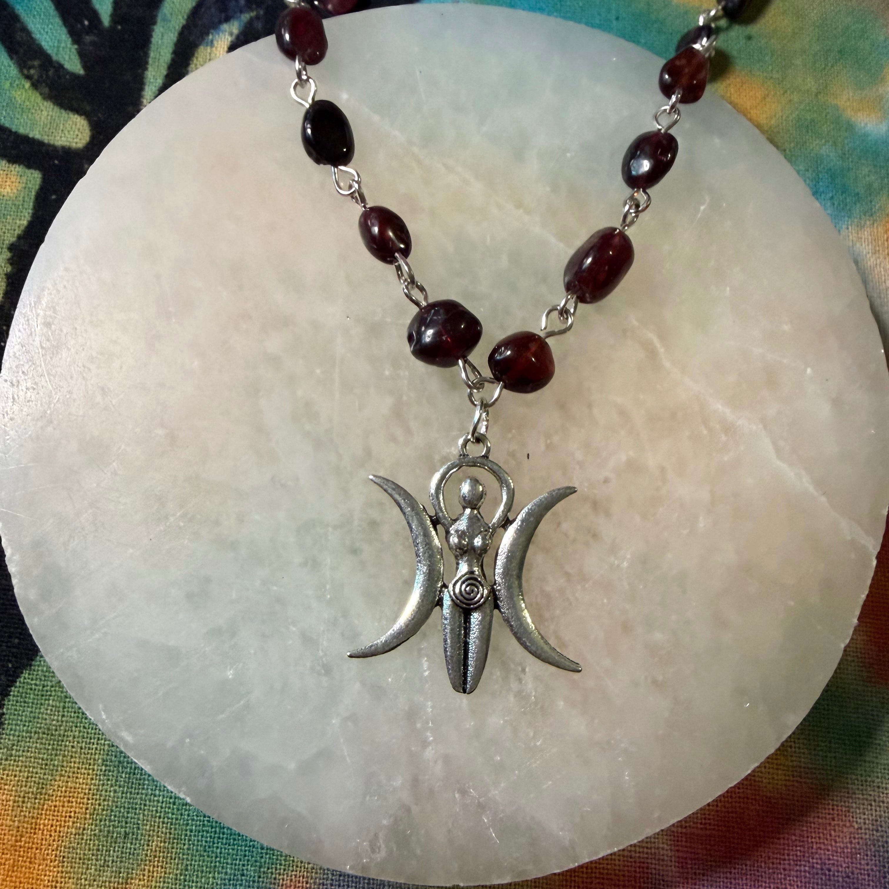 Garnet triple moon goddess necklace