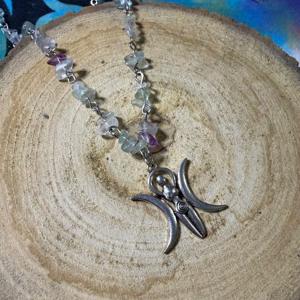 Fluorite triple moon goddess necklace