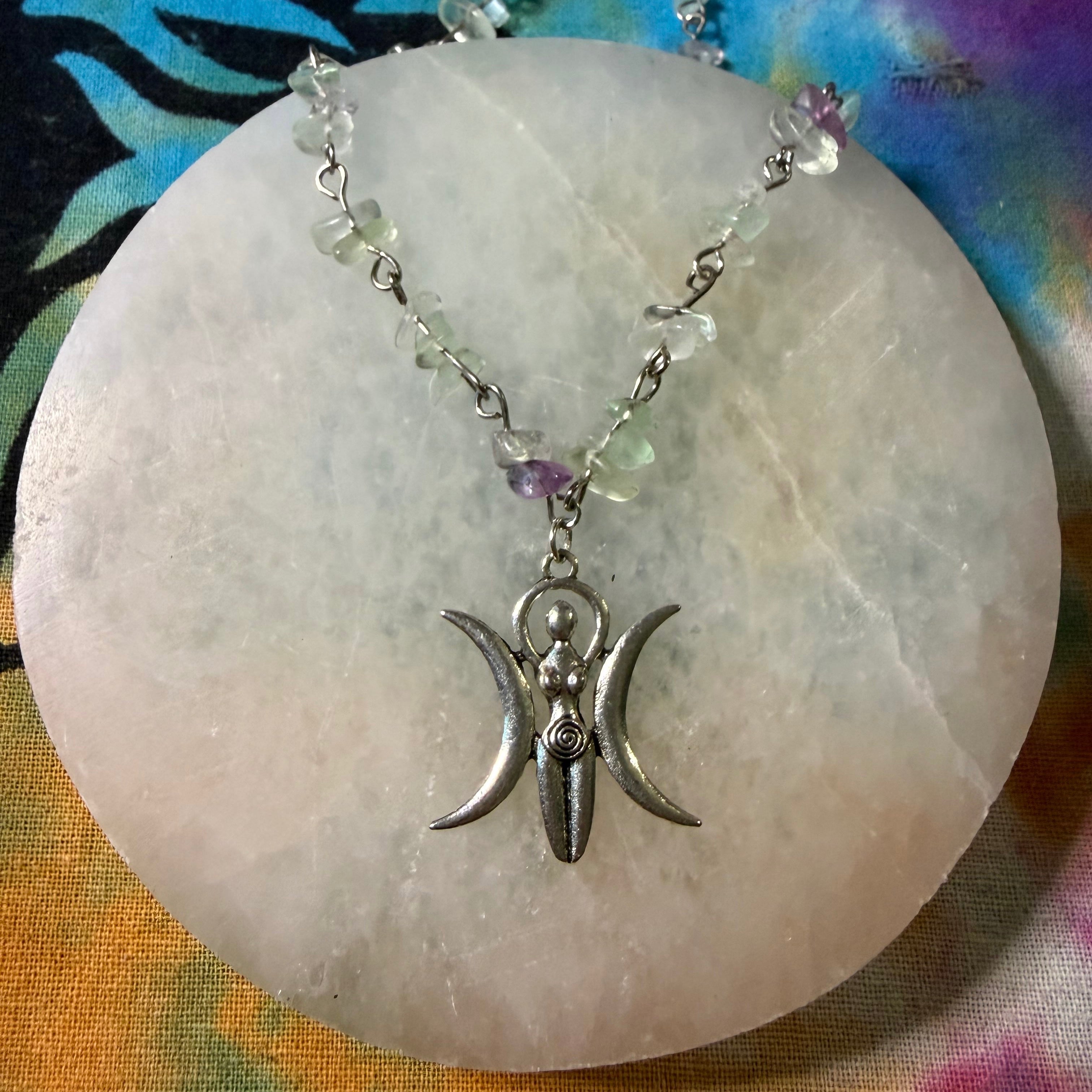 Fluorite triple moon goddess necklace