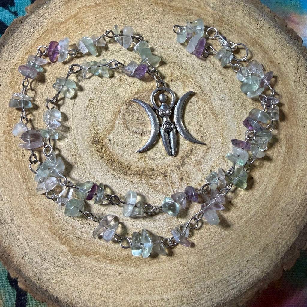Fluorite triple moon goddess necklace
