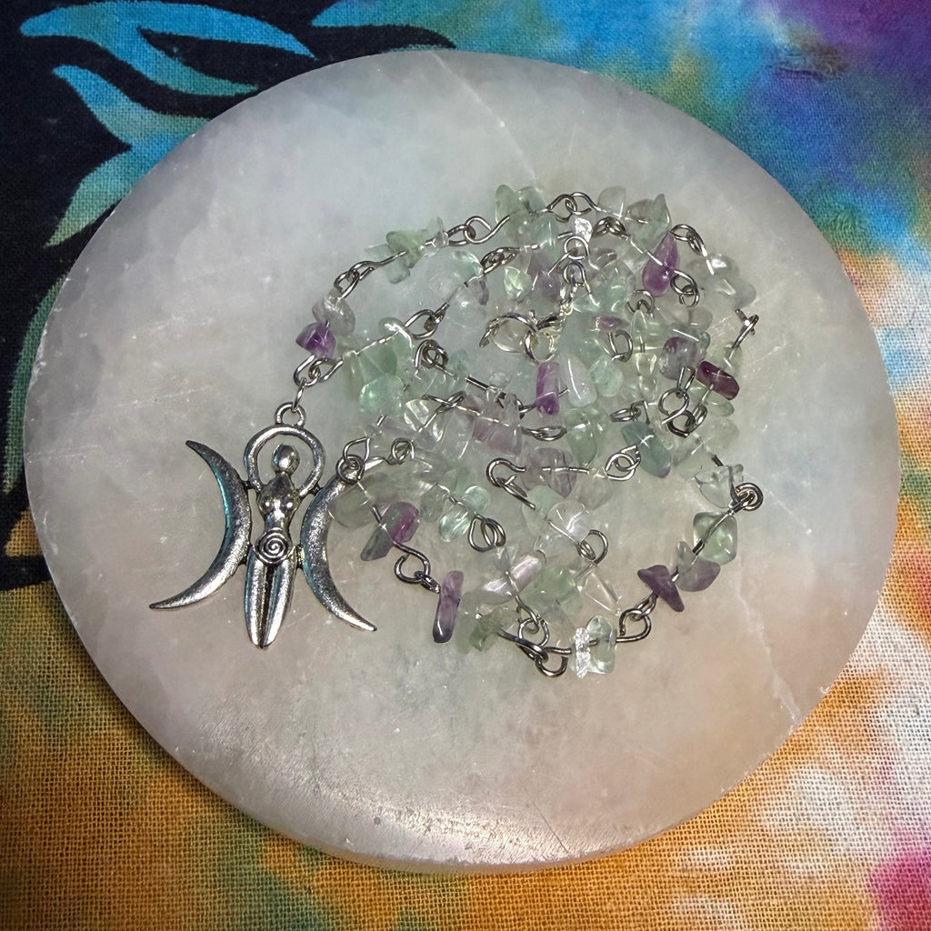 Fluorite triple moon goddess necklace