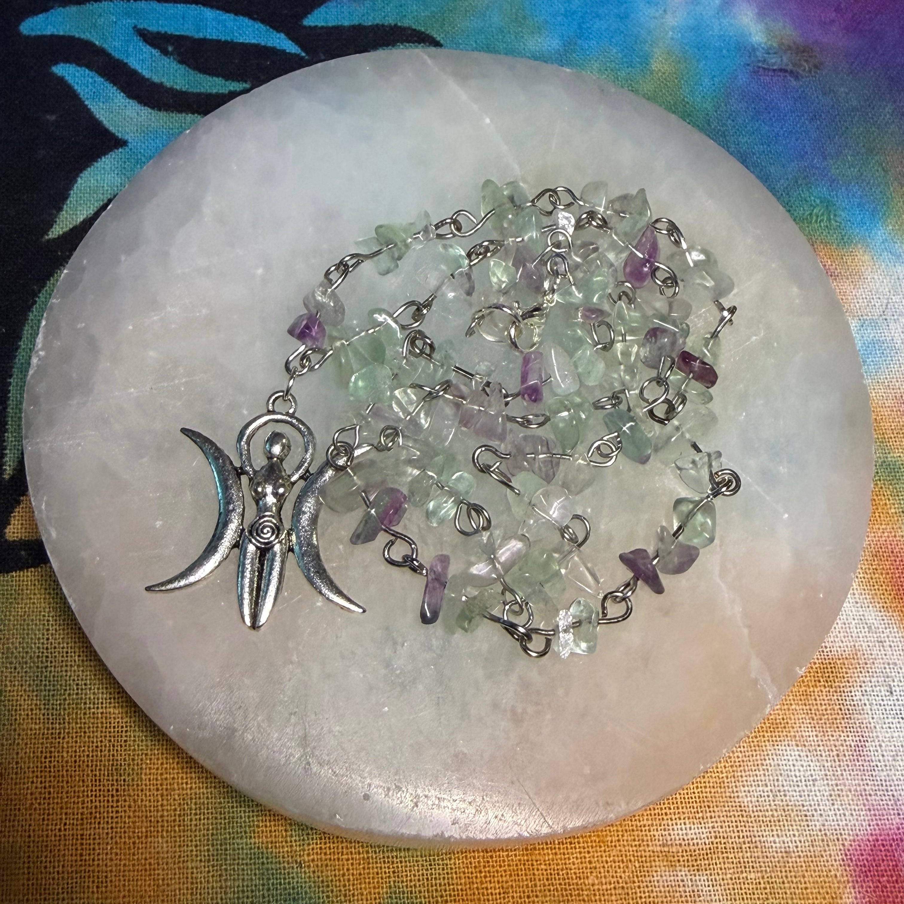 Fluorite triple moon goddess necklace