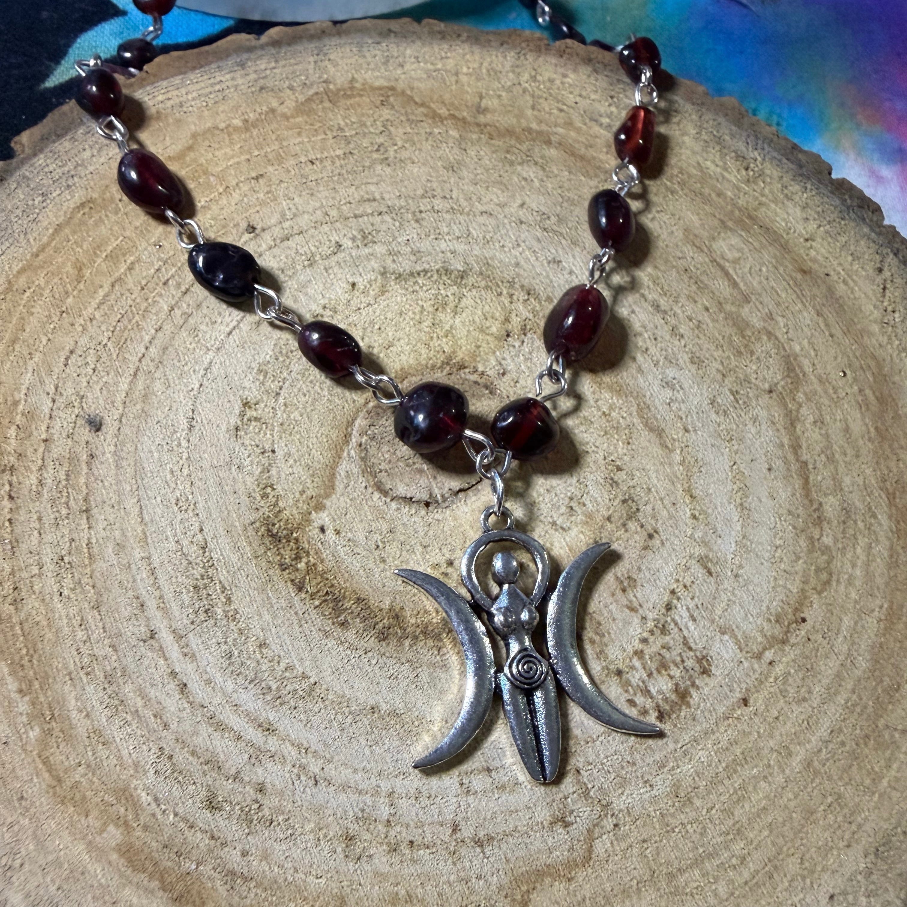 Garnet triple moon goddess necklace