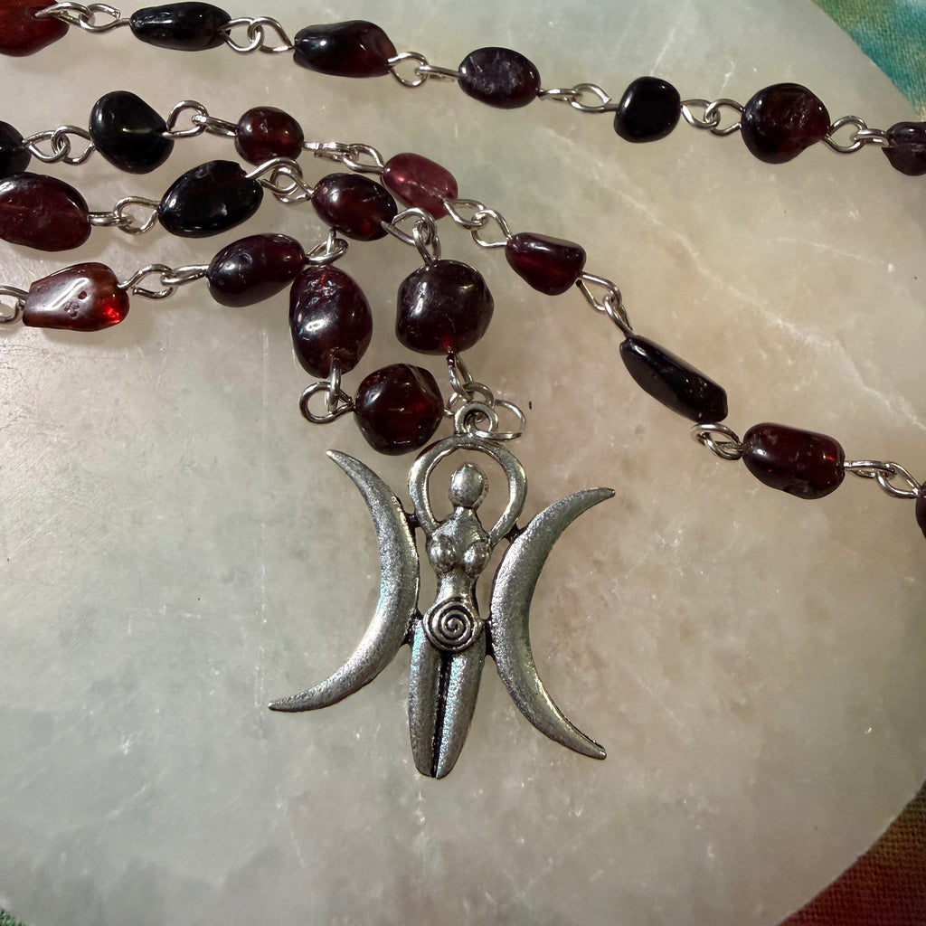 Garnet triple moon goddess necklace
